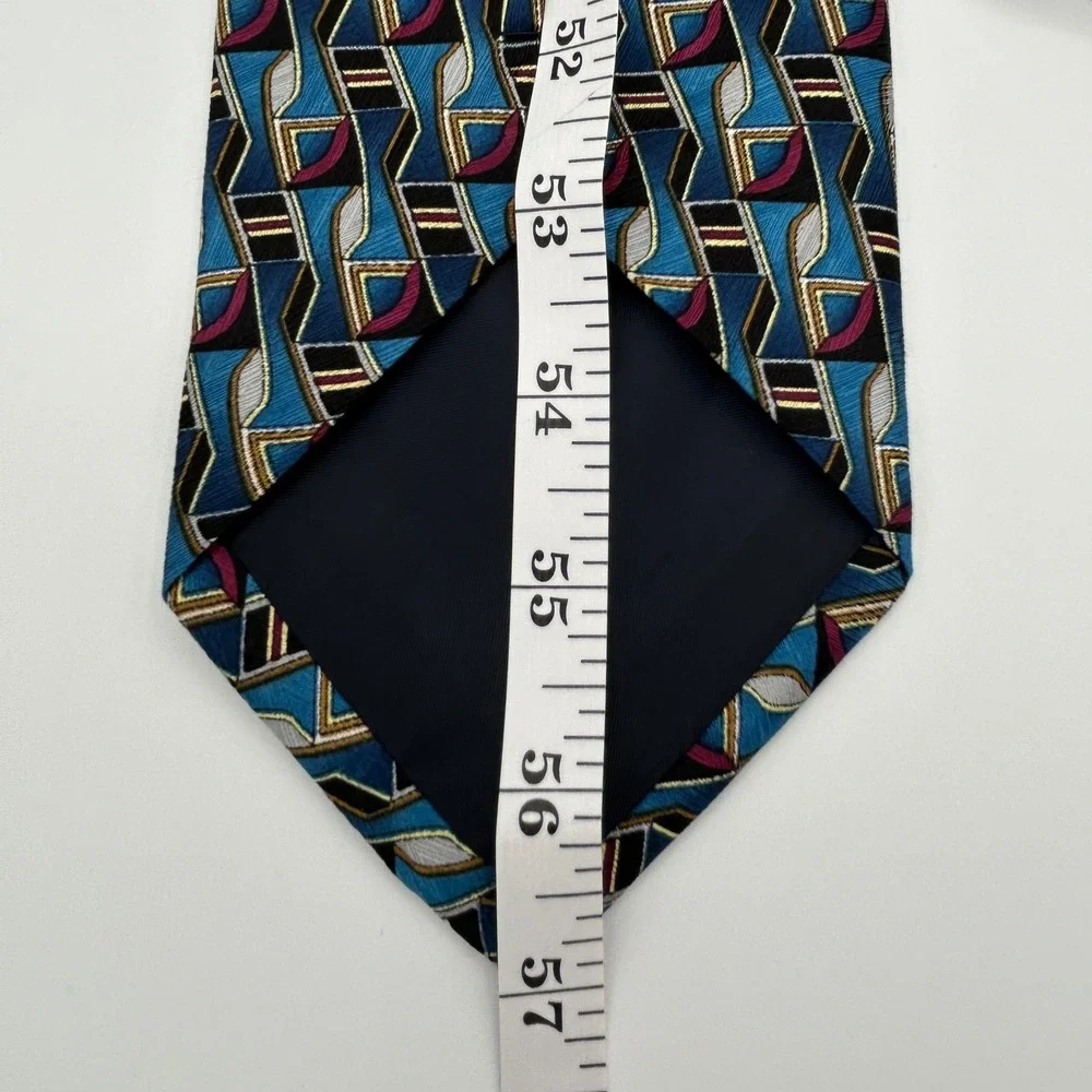 Rapheala Necktie Geometric Abstract Mens OS Teal Blue Silk Retro Career
